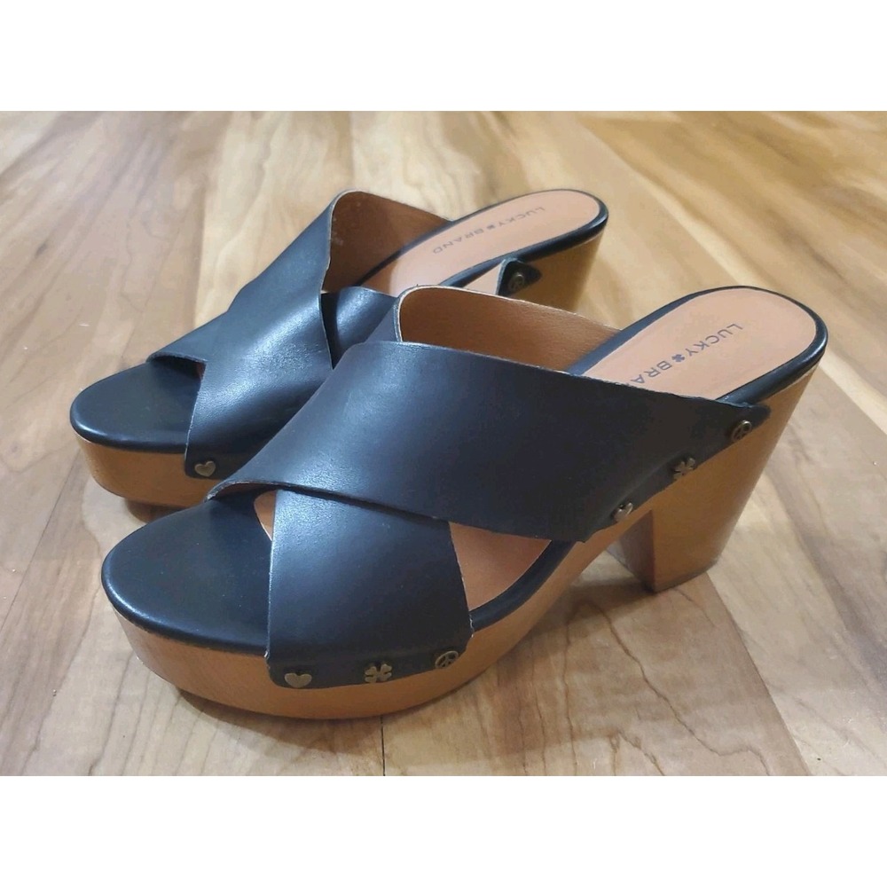 Lucky Brand Sandals Women 7.5 Black Takara Chunky Y2K Wood Platform Wedge Heel